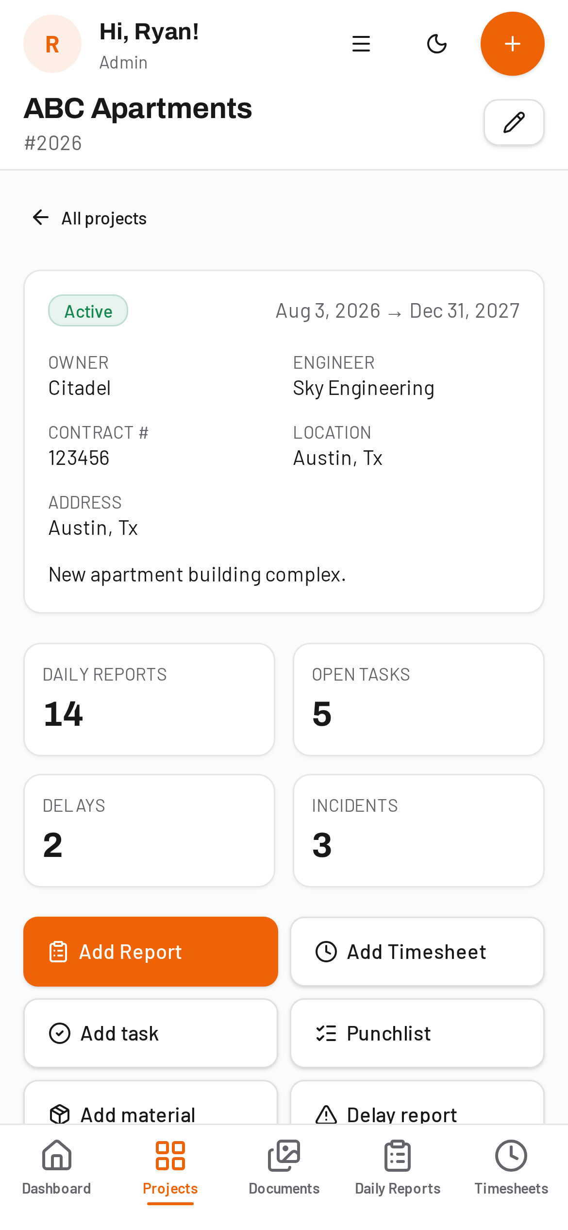 DailyBuild project screen on a phone with report, timesheet and punchlist actions