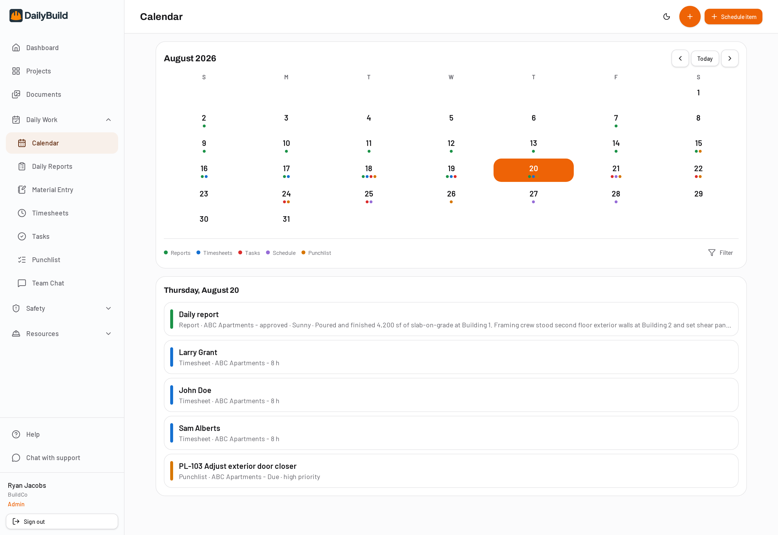 DailyBuild calendar with color coded reports, timesheets, tasks, schedule items and punchlist